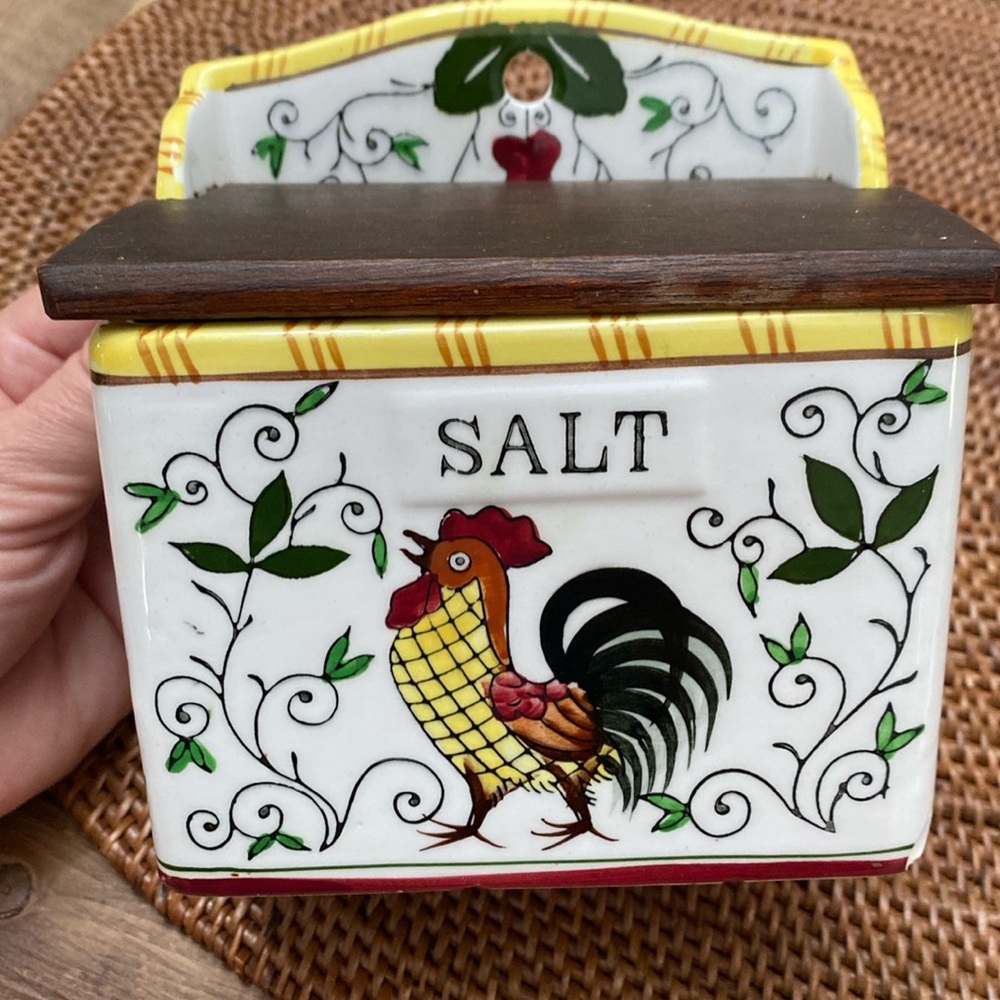 Vintage salt box with rooster